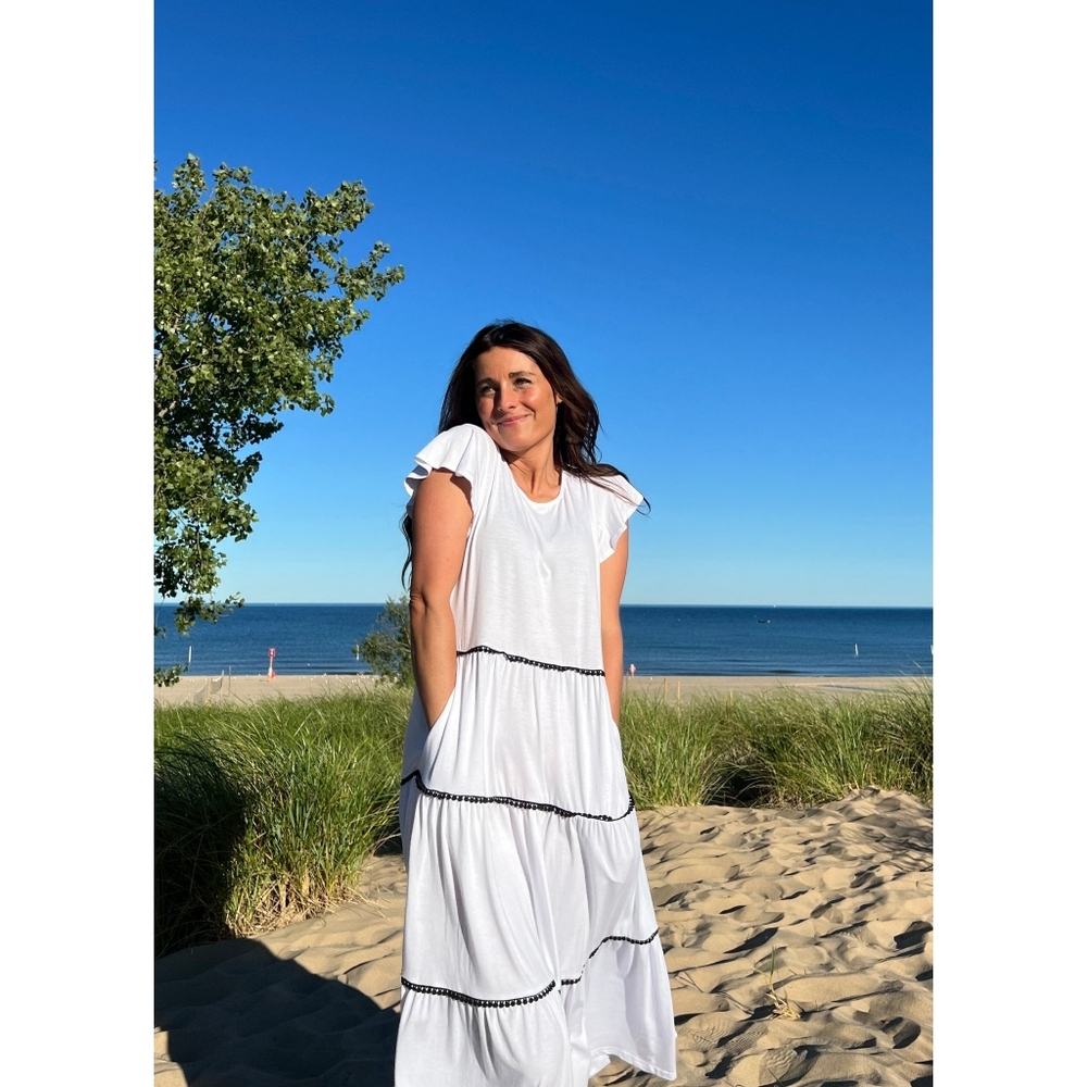 NWT Merokeety Pink Flutter Sleeve Crochet Crew Flowy Tiered Shirt Dress Maxi M - Picture 6 of 11